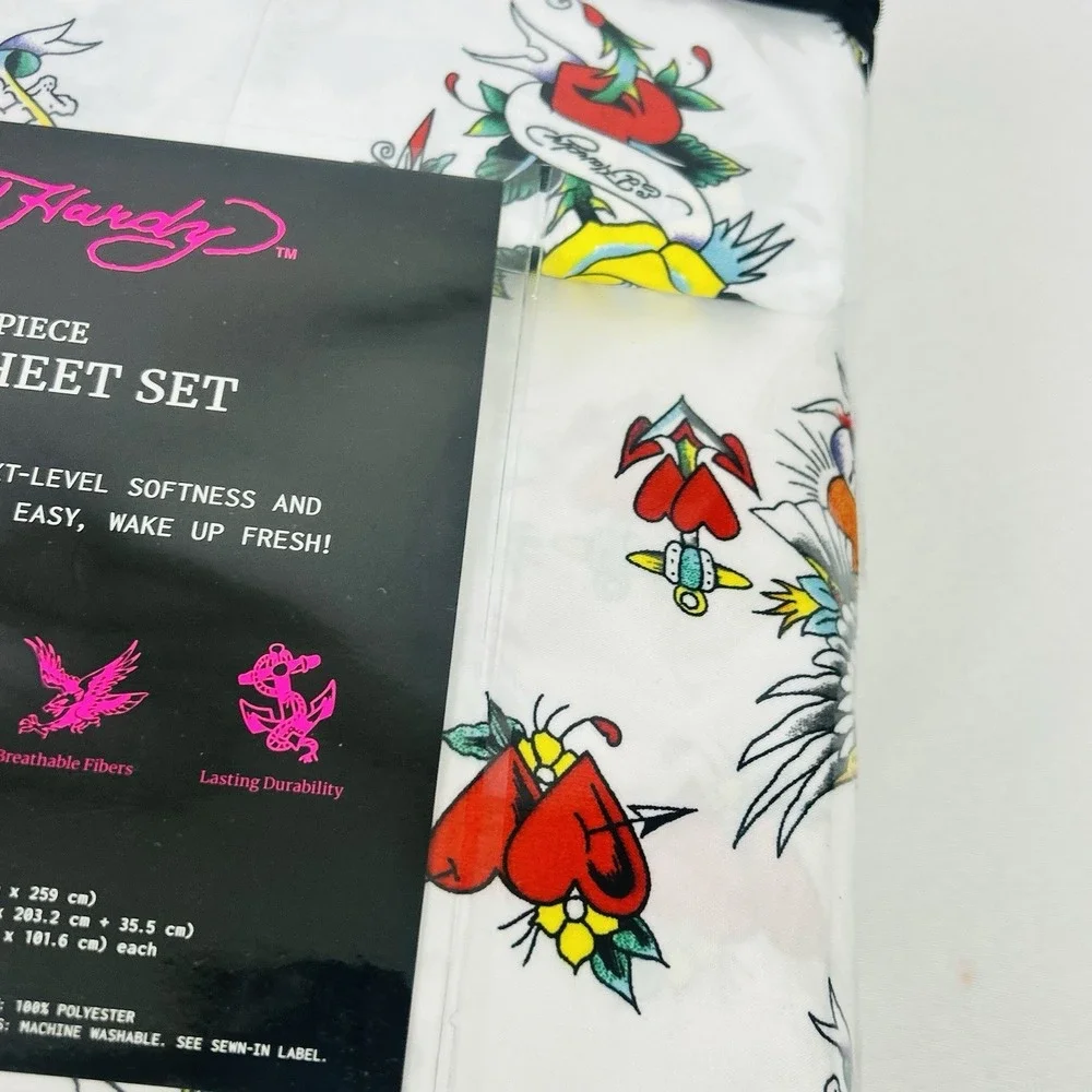 Ed Hardy King Size 6-Piece Tattoo Skull Butterfly Print White Sheet Set NEW